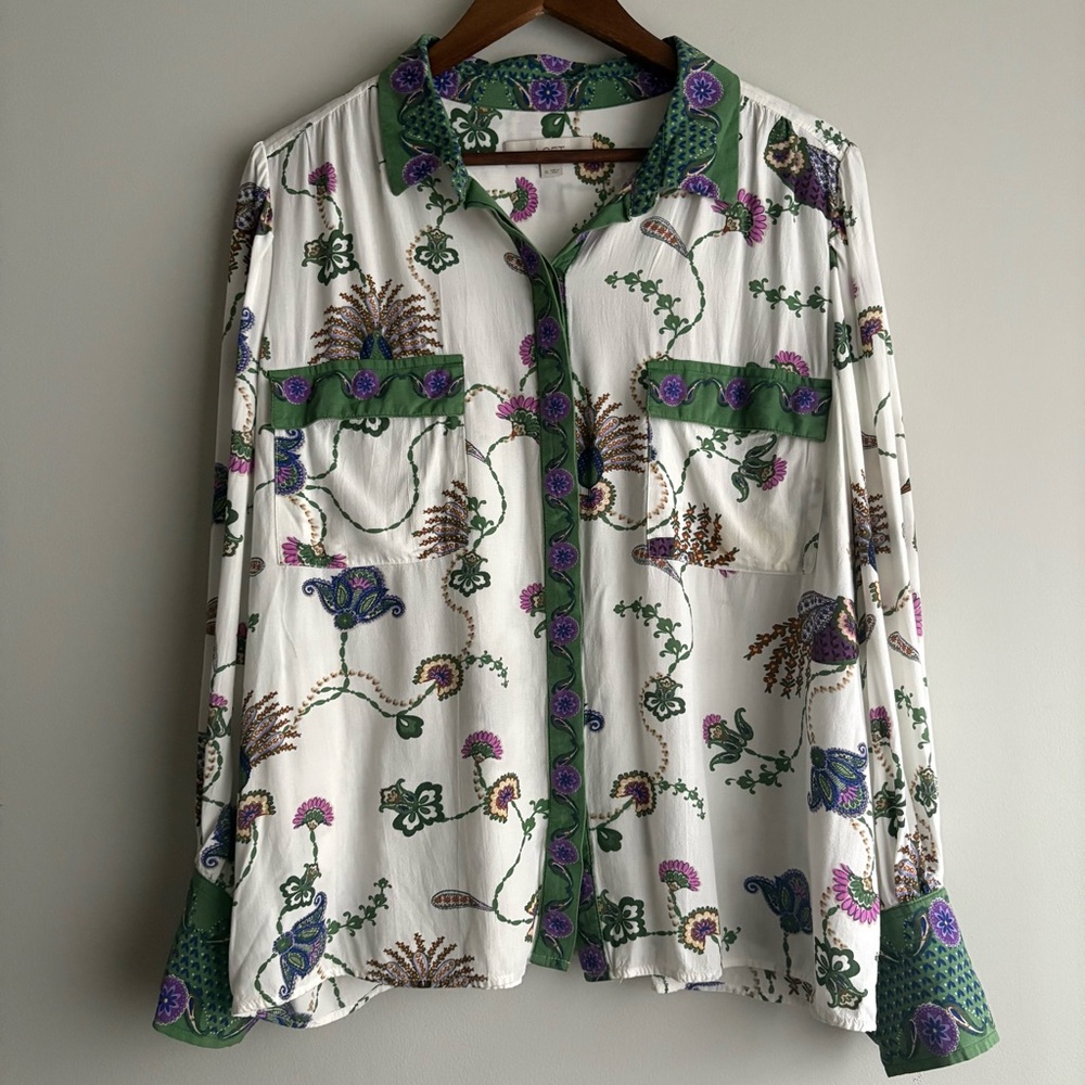 LOFT XL Peacock Floral Boho Button Down Blouse Green Purple